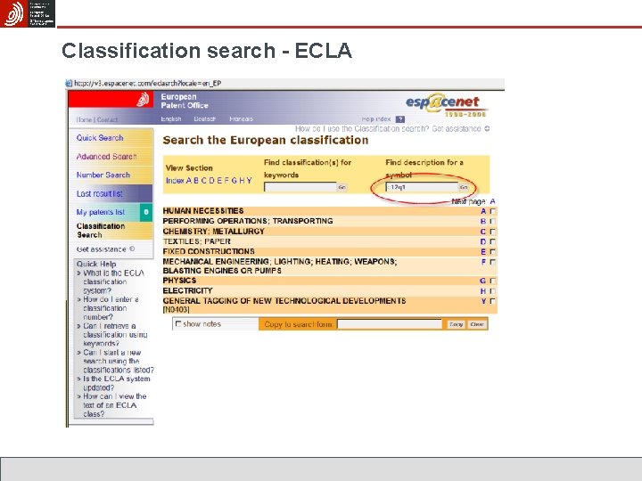 Classification search - ECLA 