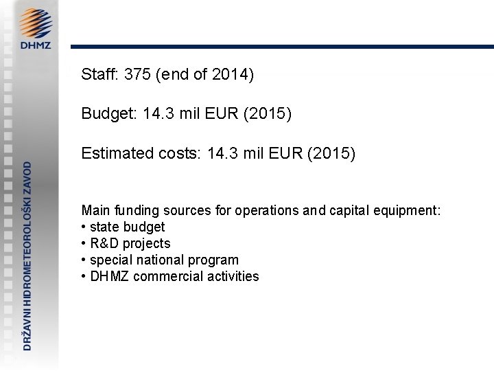 Staff: 375 (end of 2014) Budget: 14. 3 mil EUR (2015) Estimated costs: 14.