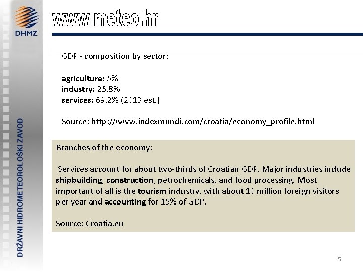 GDP - composition by sector: agriculture: 5% industry: 25. 8% services: 69. 2% (2013