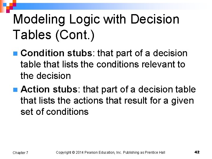 Modeling Logic with Decision Tables (Cont. ) Condition stubs: that part of a decision