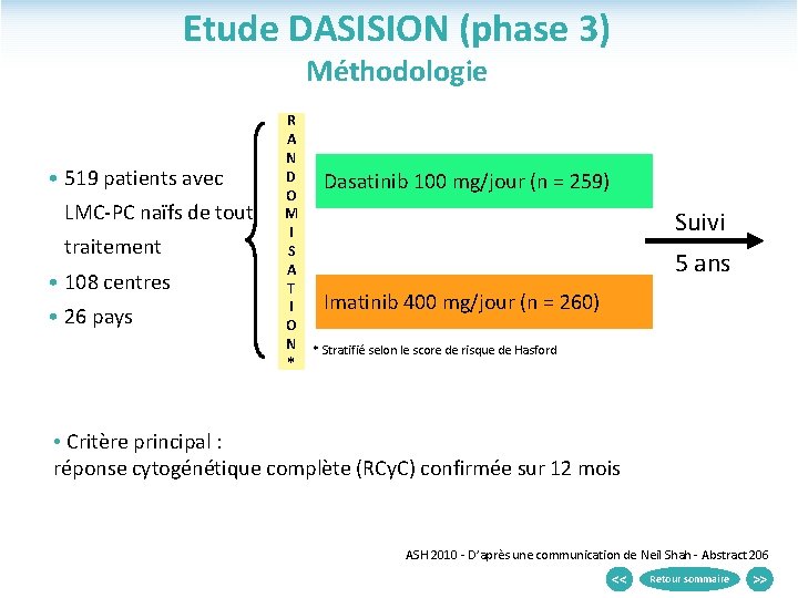 Etude DASISION (phase 3) Méthodologie • 519 patients avec LMC-PC naïfs de tout traitement