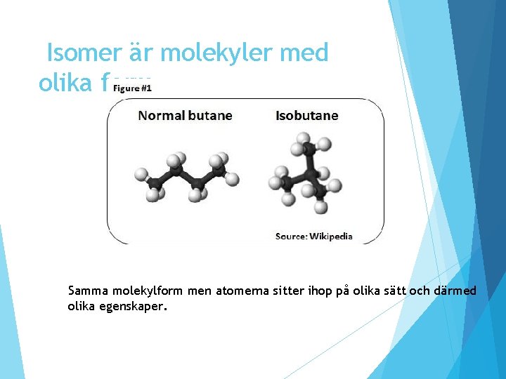 Isomer är molekyler med olika form Samma molekylform men atomerna sitter ihop på olika Isomer är molekyler med olika form Samma molekylform men atomerna sitter ihop på olika