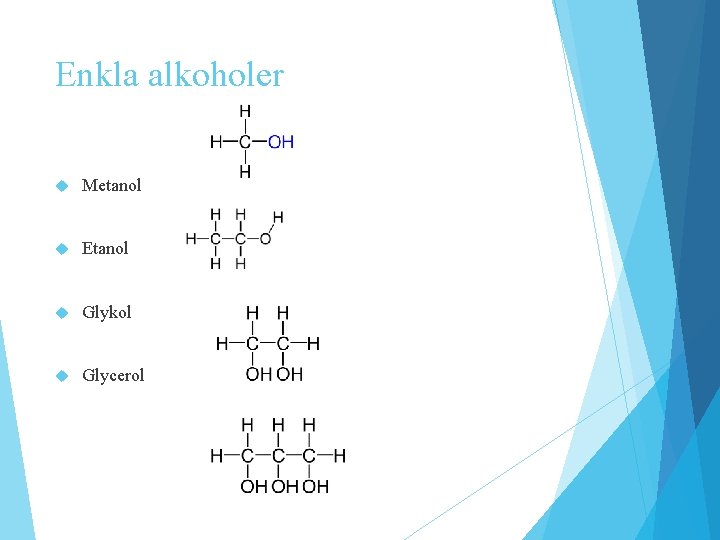Enkla alkoholer Metanol Etanol Glykol Glycerol Enkla alkoholer Metanol Etanol Glykol Glycerol