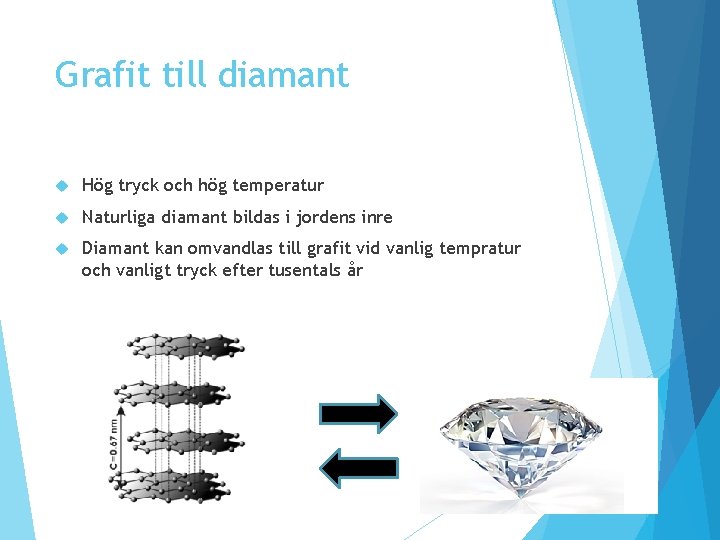 Grafit till diamant Hög tryck och hög temperatur Naturliga diamant bildas i jordens inre Grafit till diamant Hög tryck och hög temperatur Naturliga diamant bildas i jordens inre