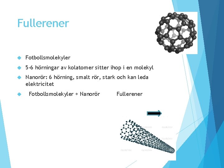 Fullerener Fotbollsmolekyler 5 -6 hörningar av kolatomer sitter ihop i en molekyl Nanorör: 6 Fullerener Fotbollsmolekyler 5 -6 hörningar av kolatomer sitter ihop i en molekyl Nanorör: 6