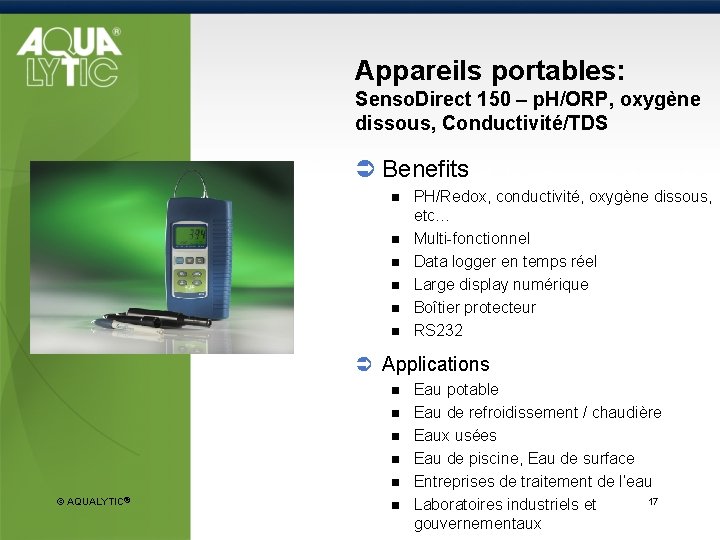 Appareils portables: Senso. Direct 150 – p. H/ORP, oxygène dissous, Conductivité/TDS Ü Benefits n