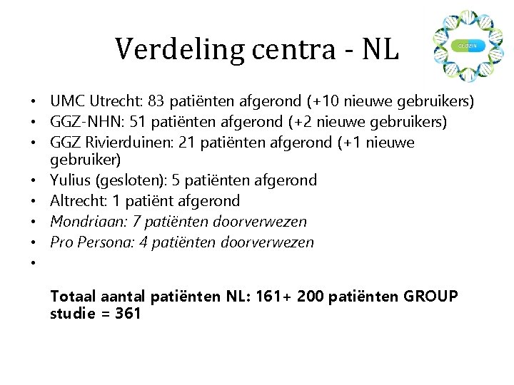 Verdeling centra - NL • UMC Utrecht: 83 patiënten afgerond (+10 nieuwe gebruikers) •