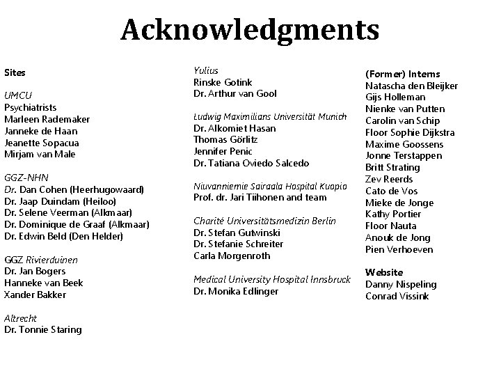 Acknowledgments Sites UMCU Psychiatrists Marleen Rademaker Janneke de Haan Jeanette Sopacua Mirjam van Male