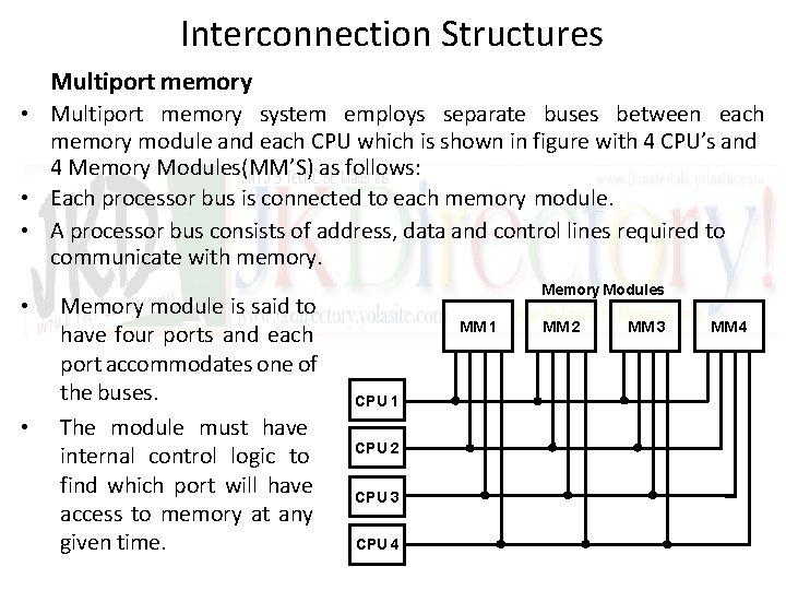 Interconnection Structures Multiport memory • Multiport memory system employs separate buses between each memory