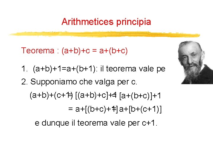 Arithmetices principia Teorema : (a+b)+c = a+(b+c) 1. (a+b)+1=a+(b+1): il teorema vale per c=1