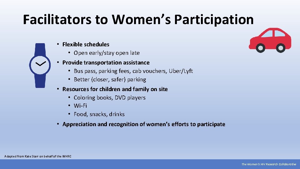 Facilitators to Women’s Participation • Flexible schedules • Open early/stay open late • Provide