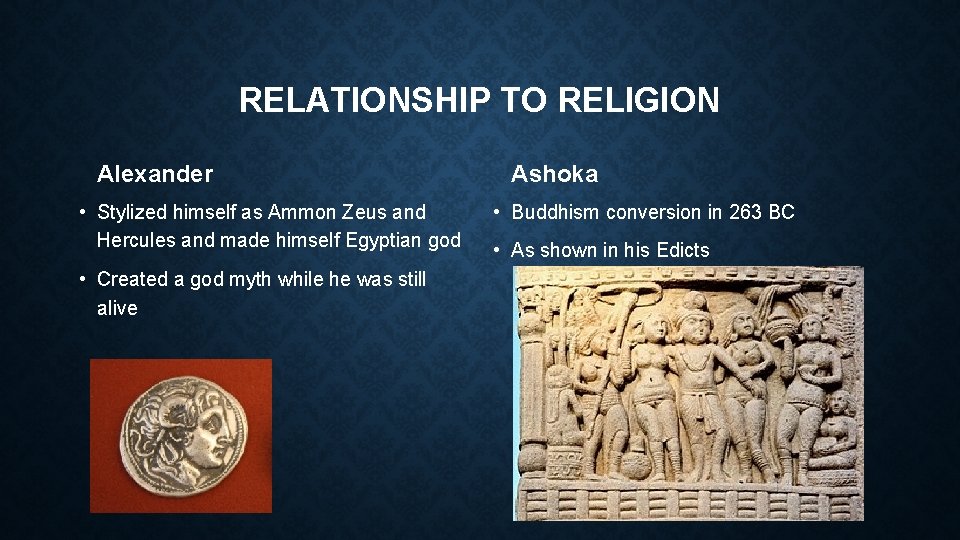 RELATIONSHIP TO RELIGION Alexander • Stylized himself as Ammon Zeus and Hercules and made