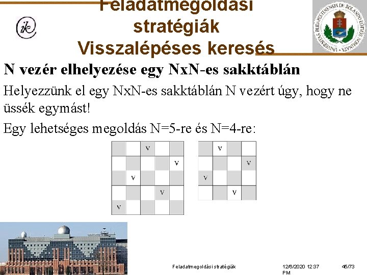 Feladatmegoldási stratégiák Visszalépéses keresés N vezér elhelyezése egy Nx. N-es sakktáblán Helyezzünk el egy