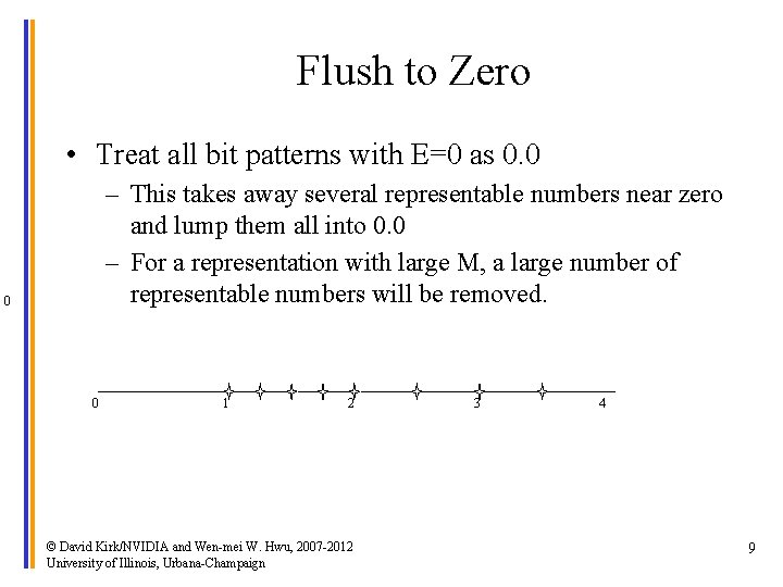 Flush to Zero • Treat all bit patterns with E=0 as 0. 0 –