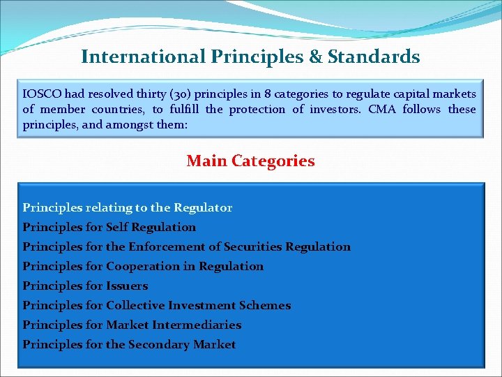 International Principles & Standards IOSCO had resolved thirty (30) principles in 8 categories to