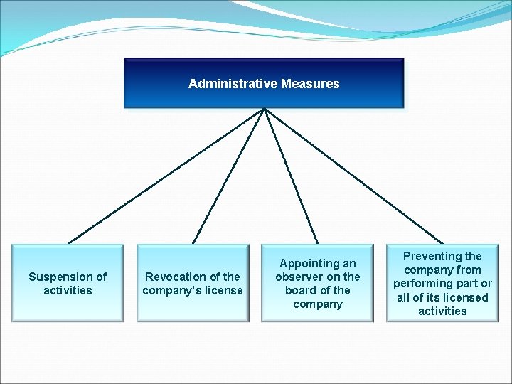 Administrative Measures Suspension of activities Revocation of the company’s license Appointing an observer on