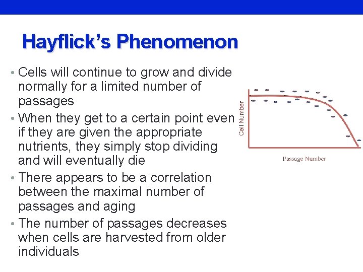 Hayflick’s Phenomenon • Cells will continue to grow and divide normally for a limited