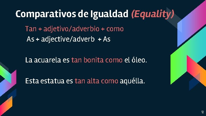 Comparativos de Igualdad (Equality) Tan + adjetivo/adverbio + como As + adjective/adverb + As Comparativos de Igualdad (Equality) Tan + adjetivo/adverbio + como As + adjective/adverb + As