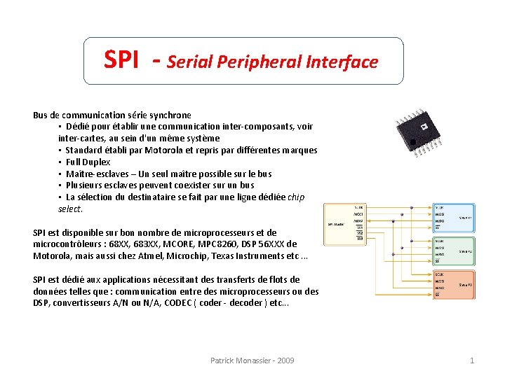 SPI - Serial Peripheral Interface Bus de communication série synchrone • Dédié pour établir