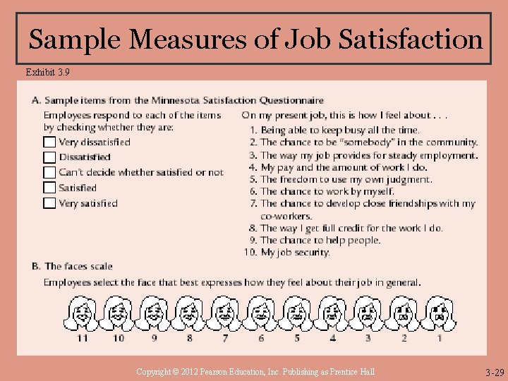 Sample Measures of Job Satisfaction Exhibit 3. 9 Copyright © 2012 Pearson Education, Inc.