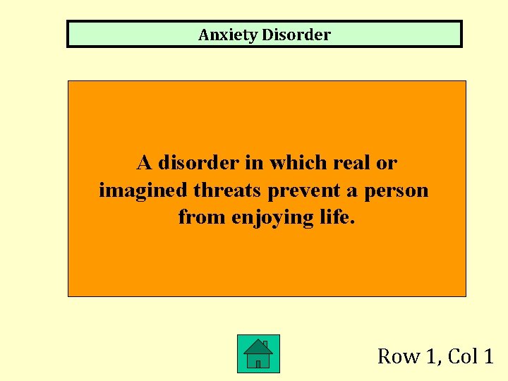 Anxiety Disorder A disorder in which real or imagined threats prevent a person from