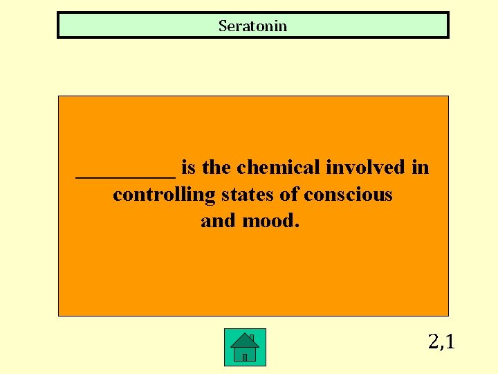 Seratonin _____ is the chemical involved in controlling states of conscious and mood. 2,