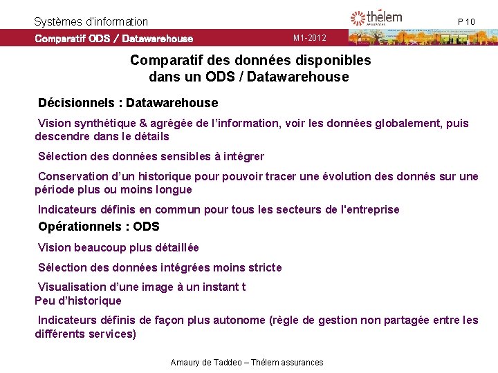 Systèmes d’information Comparatif ODS / Datawarehouse P 10 M 1 -2012 Comparatif des données Systèmes d’information Comparatif ODS / Datawarehouse P 10 M 1 -2012 Comparatif des données