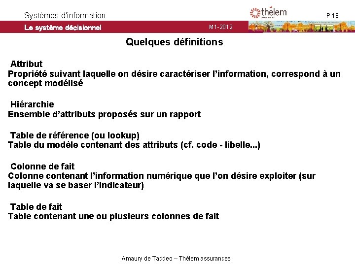 Systèmes d’information Le système décisionnel P 18 M 1 -2012 Quelques définitions Attribut Propriété Systèmes d’information Le système décisionnel P 18 M 1 -2012 Quelques définitions Attribut Propriété