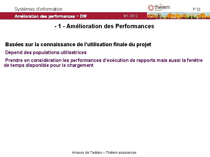 Systèmes d’information Amélioration des performances - DW P 32 M 1 -2012 - 1 Systèmes d’information Amélioration des performances - DW P 32 M 1 -2012 - 1