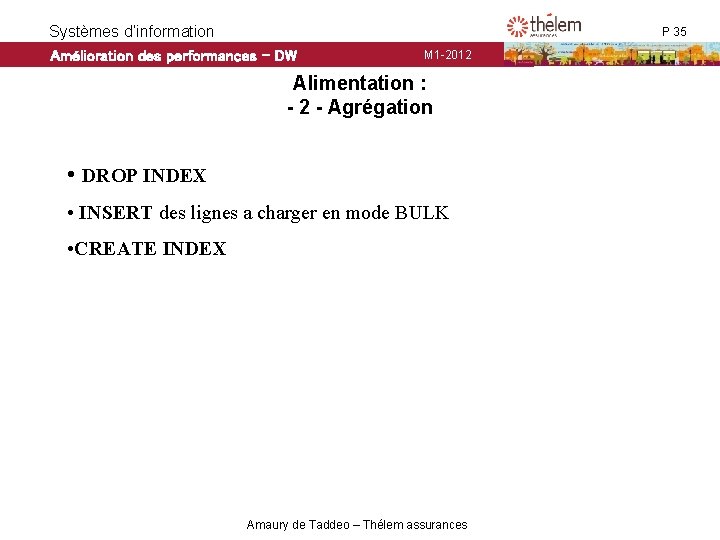 Systèmes d’information Amélioration des performances - DW P 35 M 1 -2012 Alimentation : Systèmes d’information Amélioration des performances - DW P 35 M 1 -2012 Alimentation :