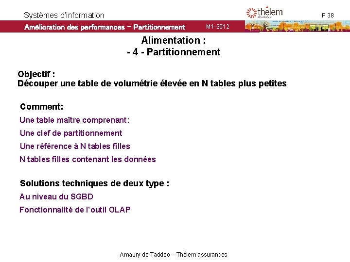 Systèmes d’information Amélioration des performances - Partitionnement P 38 M 1 -2012 Alimentation : Systèmes d’information Amélioration des performances - Partitionnement P 38 M 1 -2012 Alimentation :