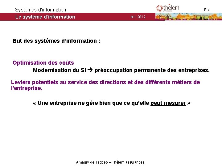Systèmes d’information Le système d’information P 4 M 1 -2012 But des systèmes d’information Systèmes d’information Le système d’information P 4 M 1 -2012 But des systèmes d’information