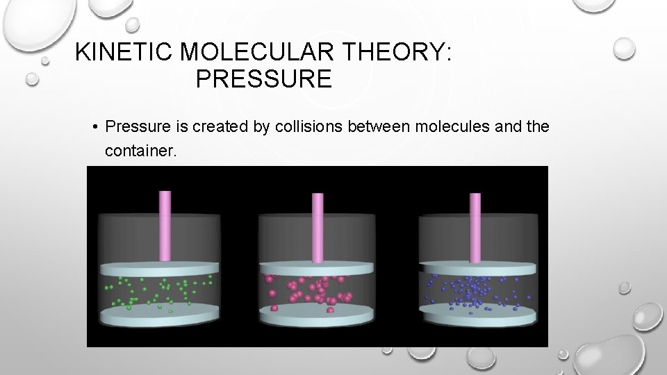 KINETIC MOLECULAR THEORY: PRESSURE • Pressure is created by collisions between molecules and the