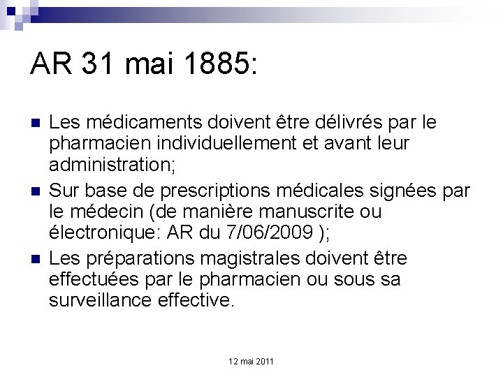 AR 31 mai 1885: n n n Les médicaments doivent être délivrés par le