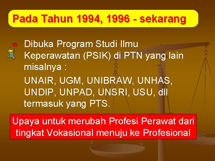Pada Tahun 1994, 1996 - sekarang Dibuka Program Studi Ilmu Keperawatan (PSIK) di PTN