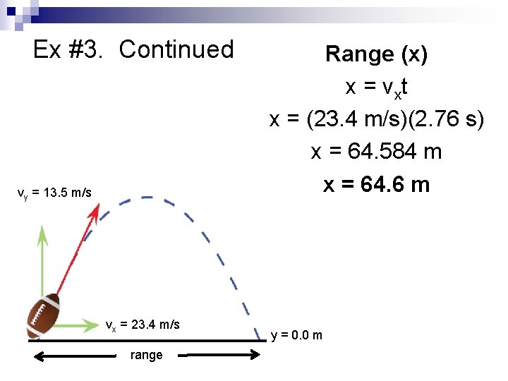 Ex #3. Continued vy = 13. 5 m/s vx = 23. 4 m/s range