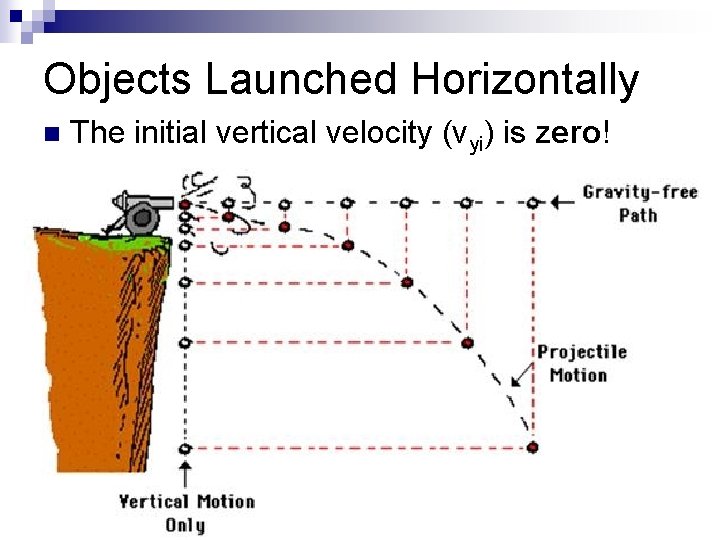 Objects Launched Horizontally n The initial vertical velocity (vyi) is zero! 