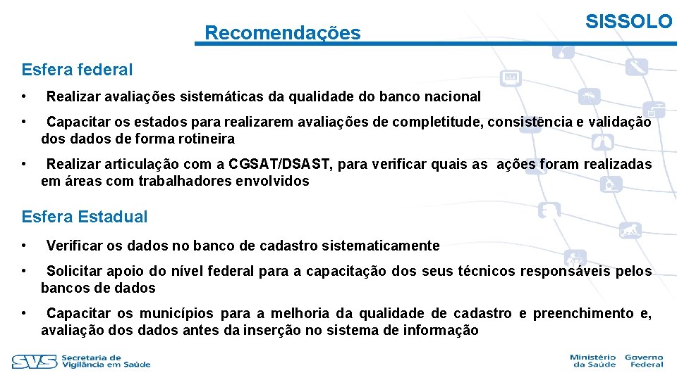 Recomendações SISSOLO Esfera federal • Realizar avaliações sistemáticas da qualidade do banco nacional •
