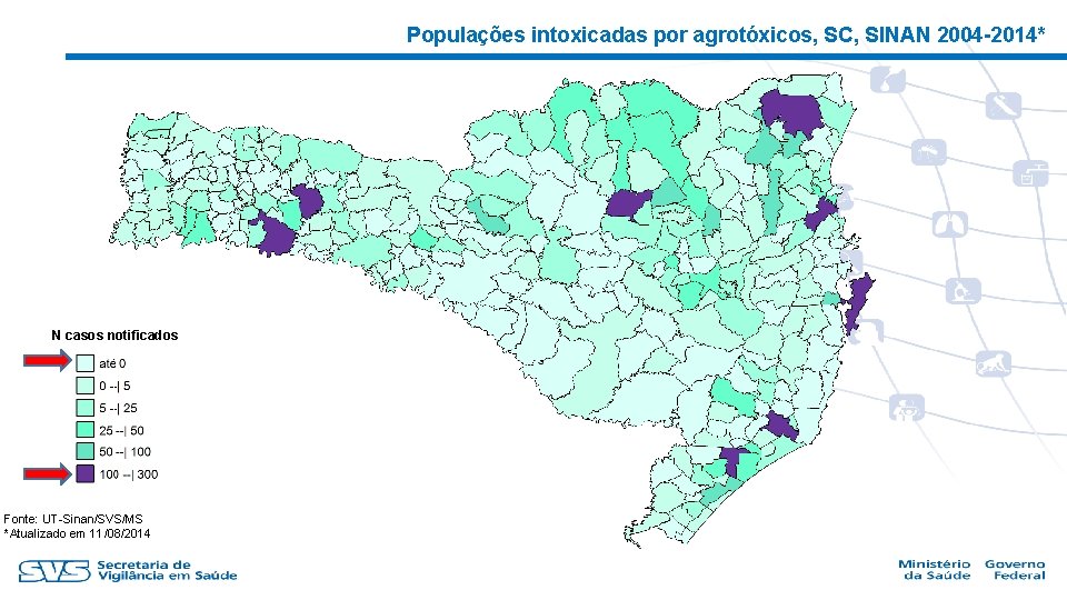 Populações intoxicadas por agrotóxicos, SC, SINAN 2004 -2014* N casos notificados Fonte: UT-Sinan/SVS/MS *Atualizado
