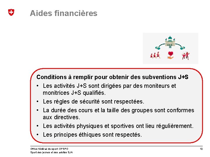 Aides financières Conditions à remplir pour obtenir des subventions J+S • Les activités J+S