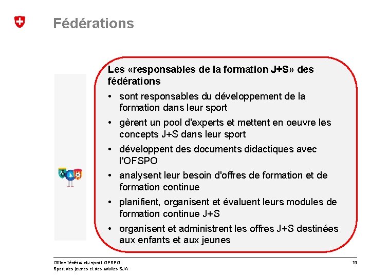 Fédérations Les «responsables de la formation J+S» des fédérations • sont responsables du développement