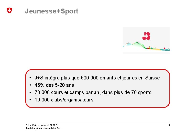 Jeunesse+Sport • • J+S intègre plus que 600 000 enfants et jeunes en Suisse