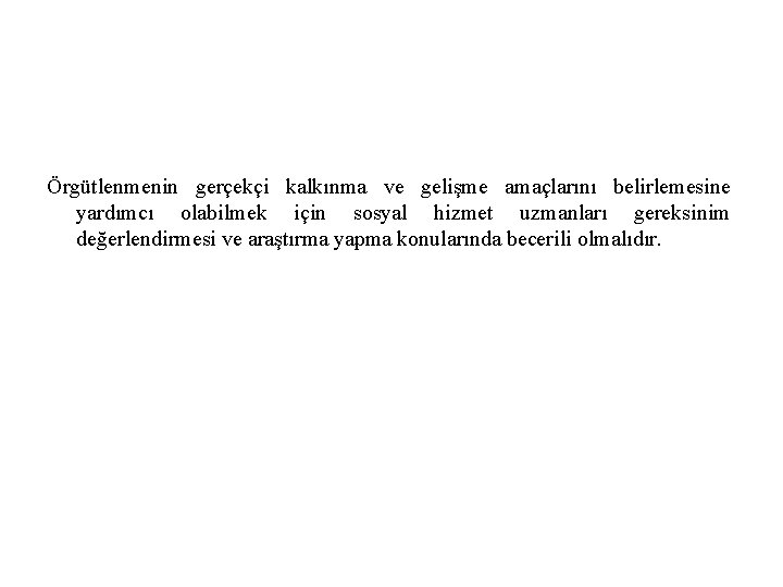 Örgütlenmenin gerçekçi kalkınma ve gelişme amaçlarını belirlemesine yardımcı olabilmek için sosyal hizmet uzmanları gereksinim