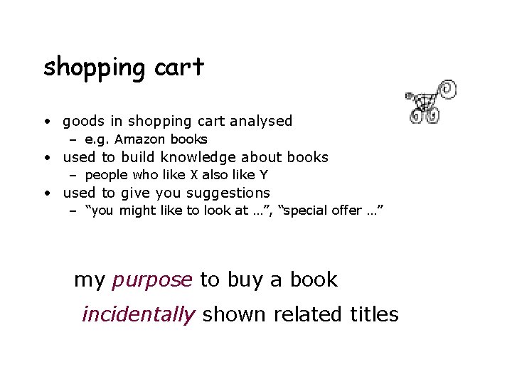 shopping cart • goods in shopping cart analysed – e. g. Amazon books •