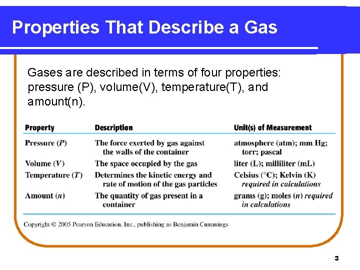 Properties That Describe a Gases are described in terms of four properties: pressure (P),