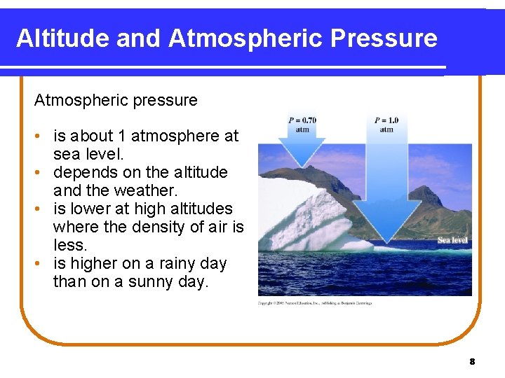 Altitude and Atmospheric Pressure Atmospheric pressure • is about 1 atmosphere at sea level.