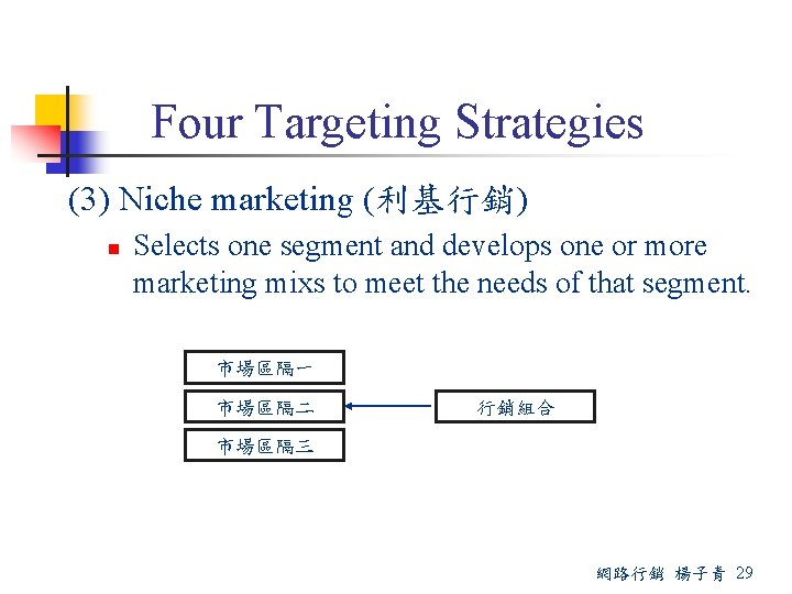 Four Targeting Strategies (3) Niche marketing (利基行銷) n Selects one segment and develops one