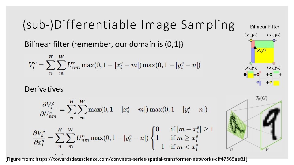(sub-)Differentiable Image Sampling Bilinear filter (remember, our domain is (0, 1)) Derivatives [Figure from: