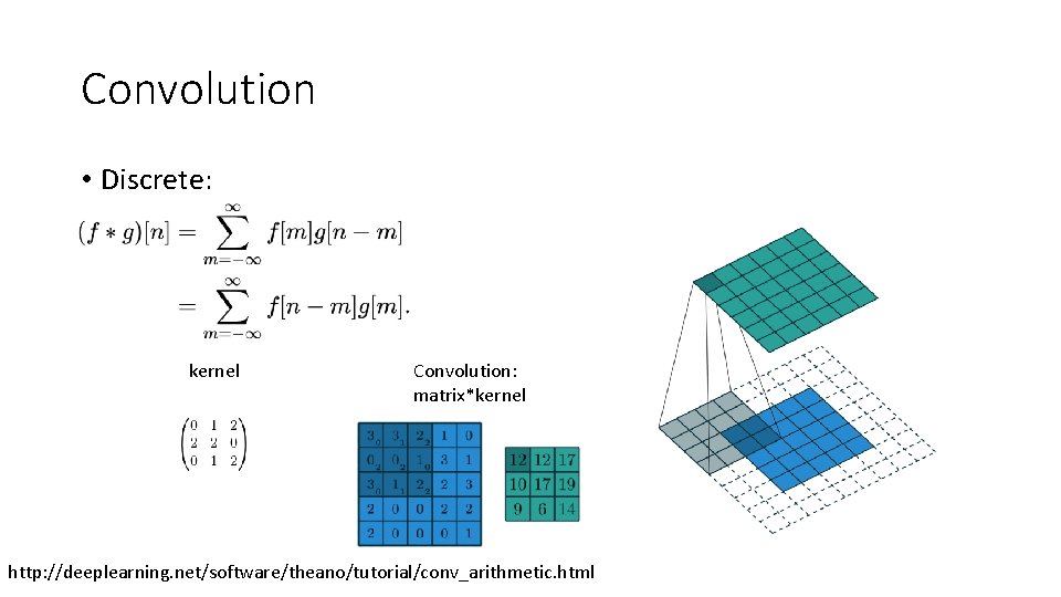 Convolution • Discrete: kernel Convolution: matrix*kernel http: //deeplearning. net/software/theano/tutorial/conv_arithmetic. html 