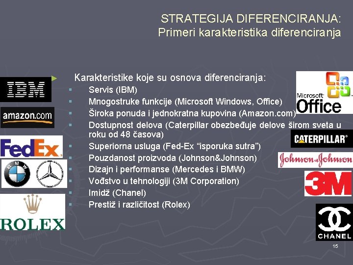 STRATEGIJA DIFERENCIRANJA: Primeri karakteristika diferenciranja Karakteristike koje su osnova diferenciranja: ► § § §